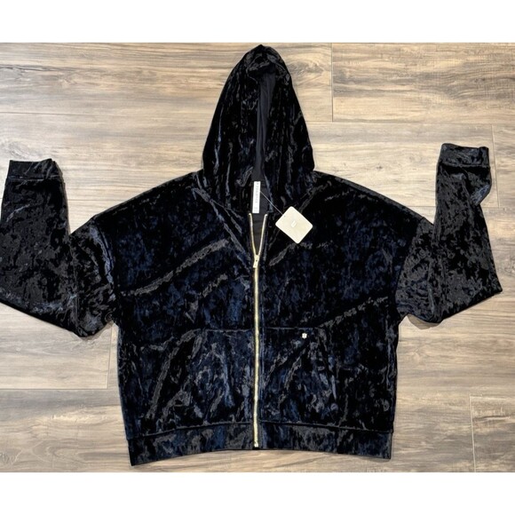 NWT Fabletics Crushed Velour Full Zip Up Jacket Hoodie Black Velvet Womens 2XL - Picture 1 of 6
